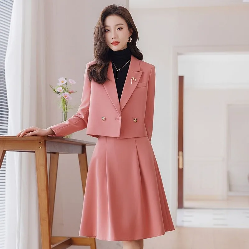 

UNXX Solid Office Lady Elegant 2 Piece Set Women Outfits Spring Autumn Vintage Cropped Blazer Jacket + Slim Midi Skirts Suit