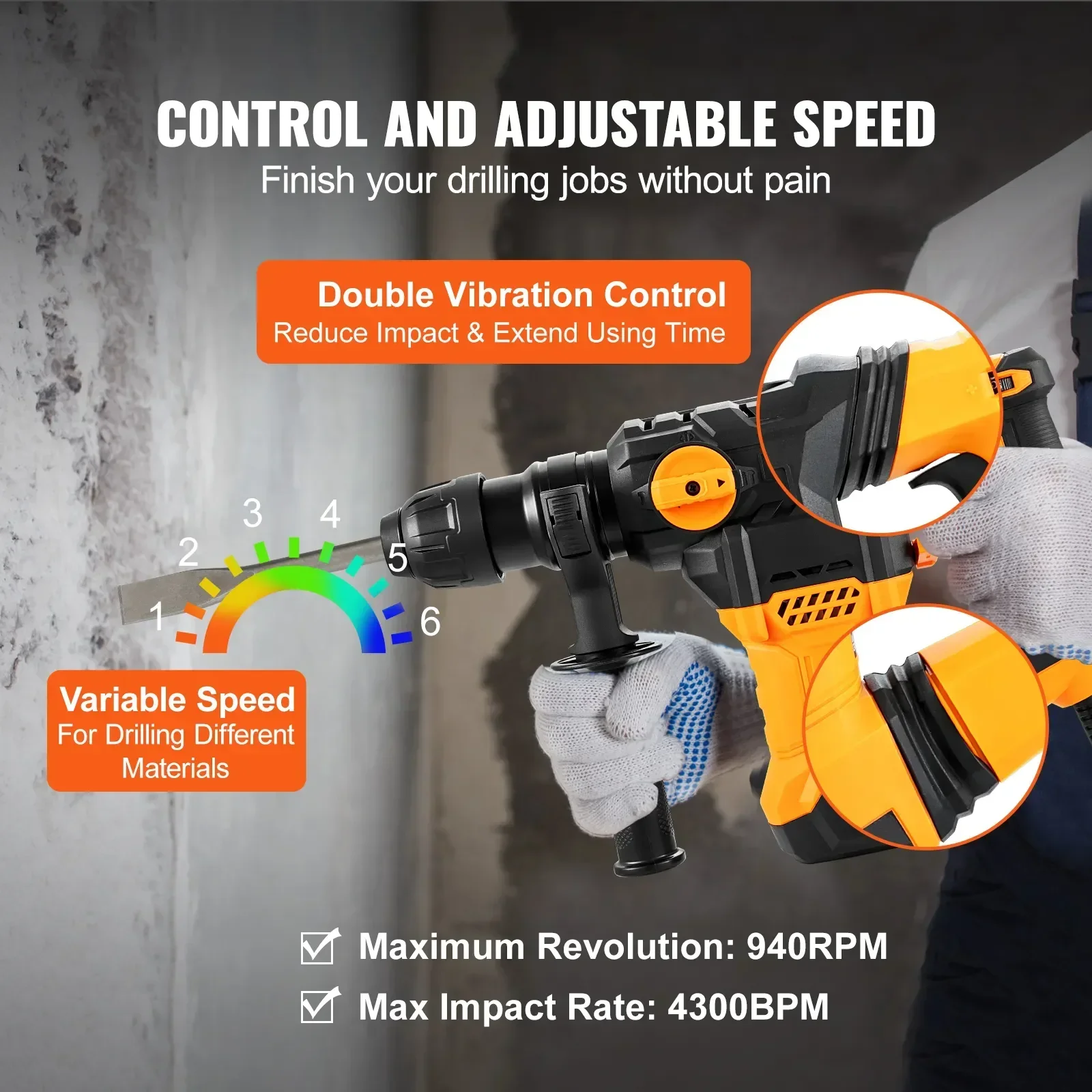 VEVOR Rotary Hammer Drill  1500W Max Drilling 32mm 4 Modes SDS-Plus Corded Demolition Chipping Metal Concrete Breaker Jackhammer 5