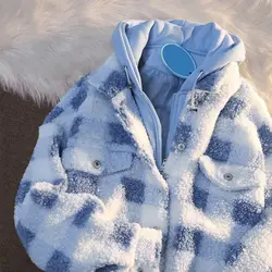 Autumn and winter new fake two-piece checkerboard plaid lamb wool jacket  women plus velvet padded jacket  oversized coat women