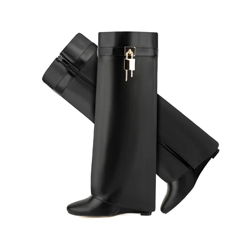 Knee-length Zipper Boots for Women, Thick Soles Shoes, Shark Lock, High Heels, Designer Fashion Brand, New