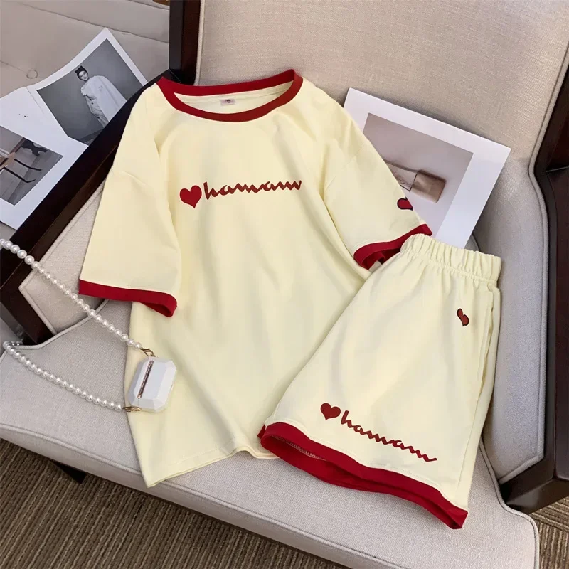 Contrast Color Design Sense Sports Tracksuit Women's Summer Loose Korean Short-sleeved T Shirt + Shorts Casual Two-piece Sets