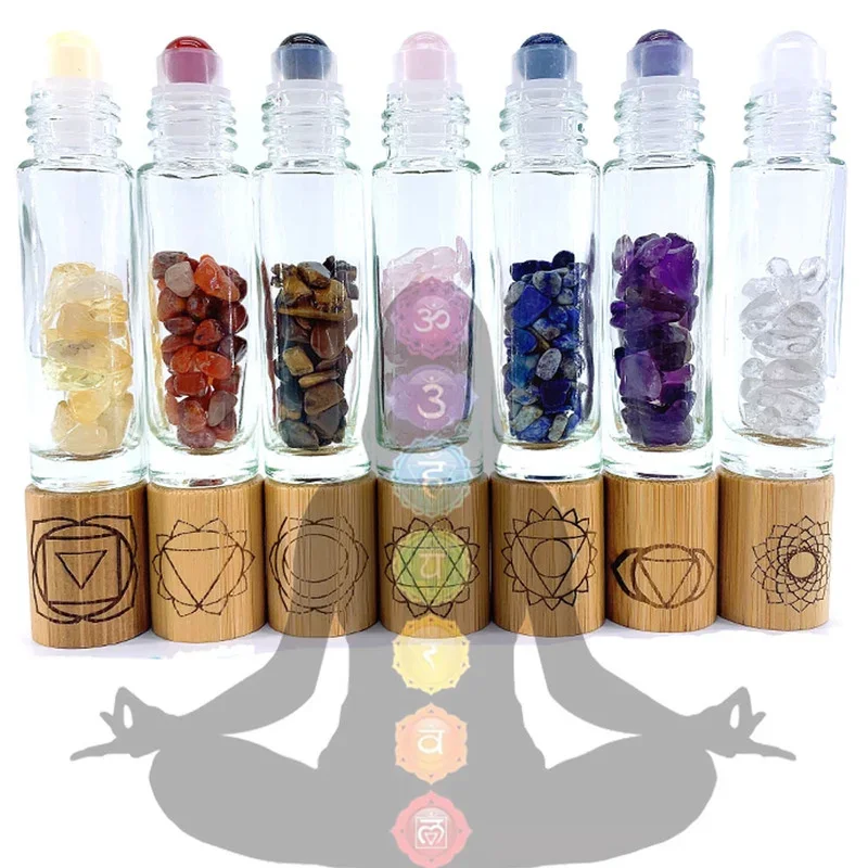 Chakra Stones Reiki Healing Crystal Roller Bottle with Engraved Chakra Symbols Bamboo Cap Balancing Stones 7 pcs P305 tumbeelluwa polished oval palm stone worry stone healing crystal chakra balancing meditation