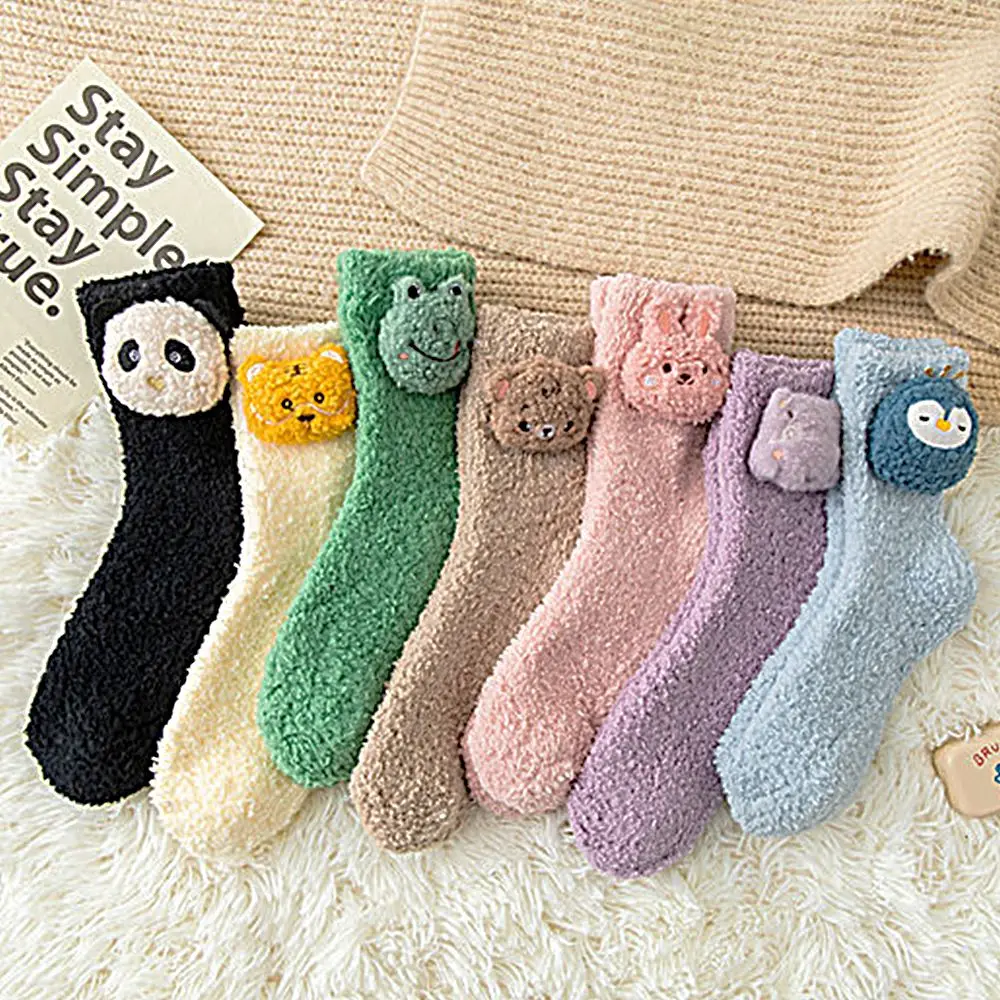 Fashion Design Warm Bear Middle Tube Bunny Korean Style Floor Socks Cartoon Hosiery Women Frog Socks Coral Fleece Socks