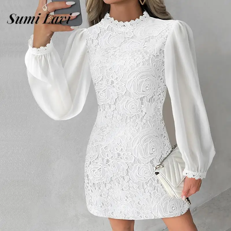 

Elegant Ladies Lace Splicing Mini Dress Fashion Stand Neck Jacquard Slim Dress 2024 New Autumn Women Long Sleeve Commuter Dress