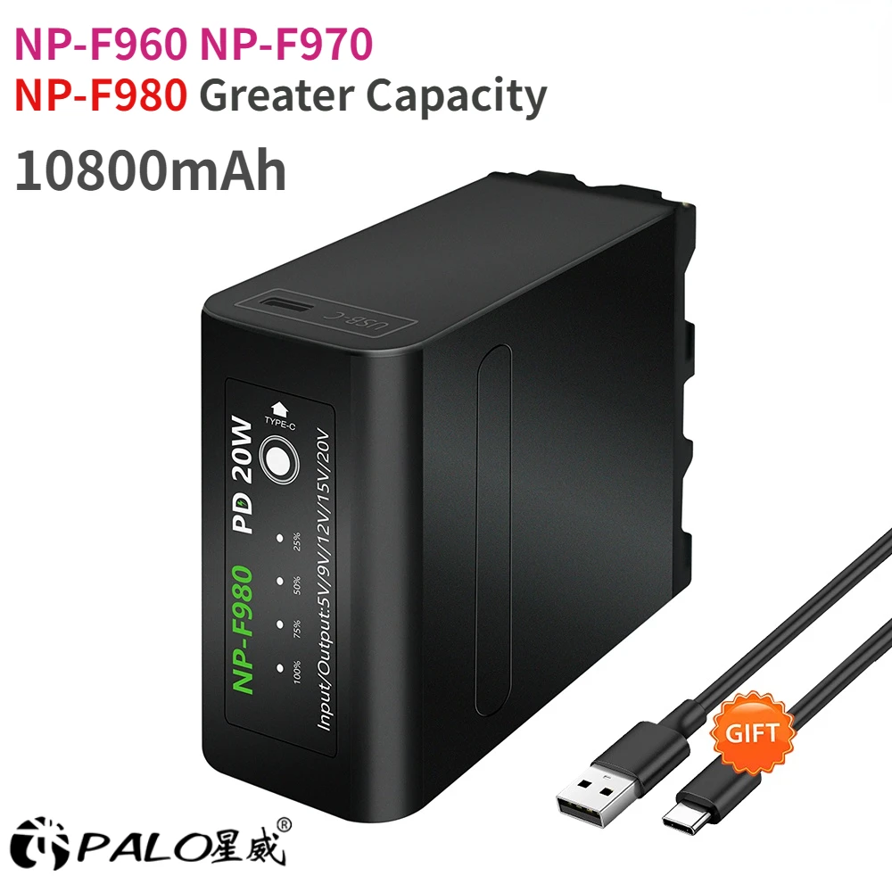 Batteria Palo 10800Mah Np-F980 Np-F960 Np-F970 Per Batteria Sony Hvr-Hd1000 Hvr-Hd1000E Hvr-V1J Usb Npf960 Npf970 Con Indicatore Di Alimentazione A Le