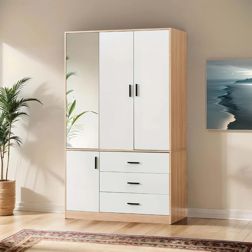Armoire Wardrobe Closet with Mirror, 3 Door 3 Drawers Wood Closet Wardrobe Cabinet, with Hanging Rod Children's Wardrobes 2