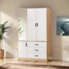 Armoire Wardrobe Closet with Mirror, 3 Door 3 Drawers Wood Closet Wardrobe Cabinet, with Hanging Rod Children's Wardrobes 2