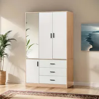 Armoire Wardrobe Closet with Mirror, 3 Door 3 Drawers Wood Closet Wardrobe Cabinet, with Hanging Rod Children's Wardrobes 2