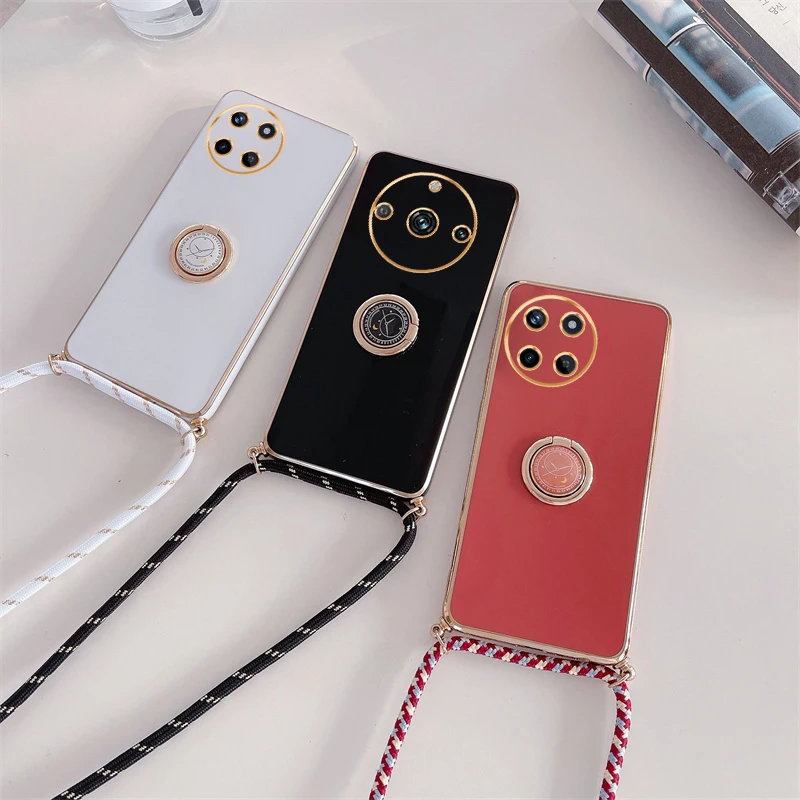 Luxury Plating Ring Holder Crossbody Lanyard Phone Case with Cord Strap Cover