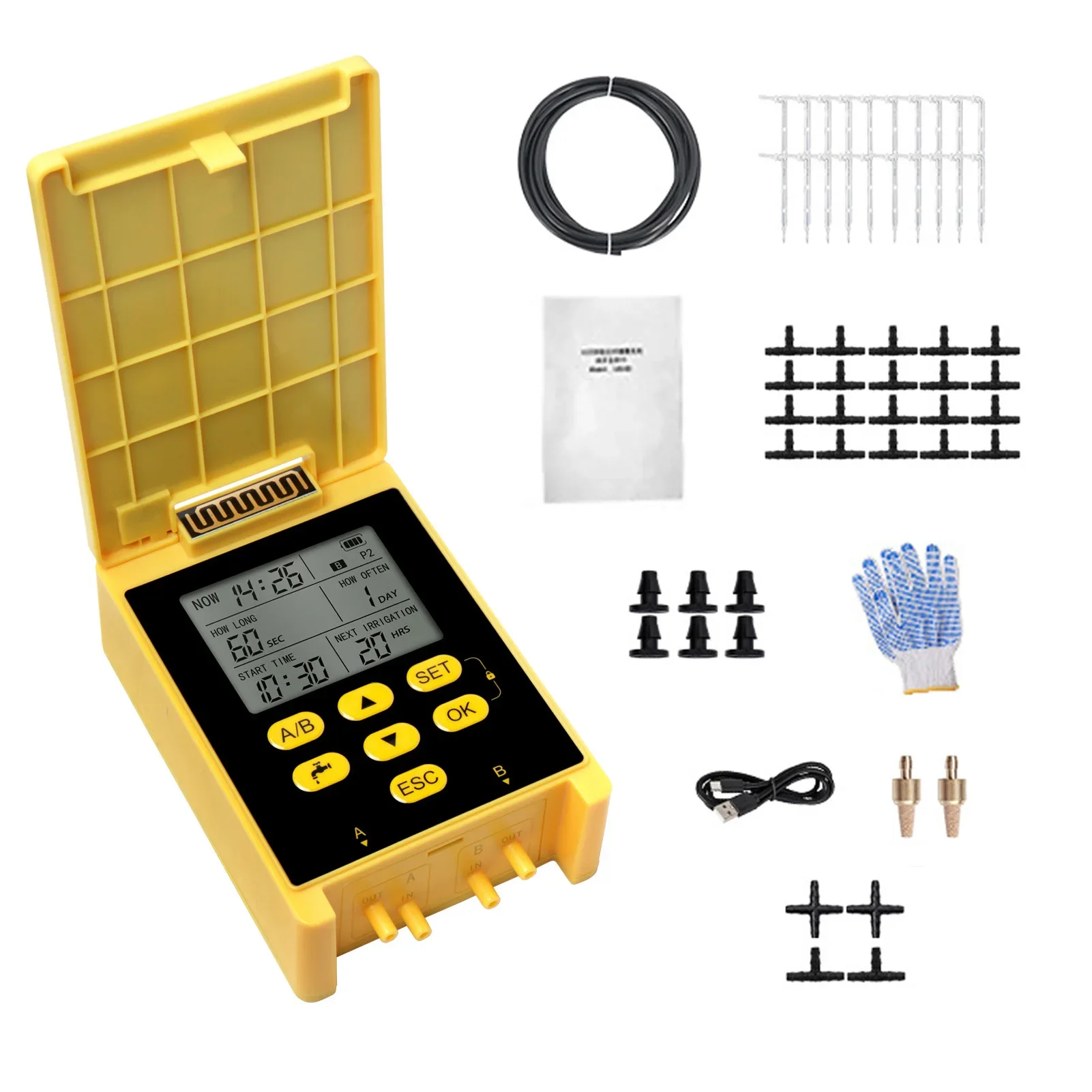 מערכת השקייה אוטומטית לשתי קבוצות עם משאבת סולארית כפולה, מערכת השקייה טיפותית עם חיישן גשם, מסך תצוגה דיגיטלי, נעילת ילדים