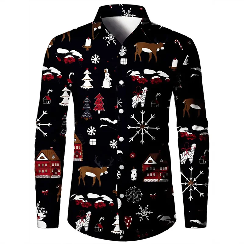 2024 Men's Long Sleeve Christmas Santa Fashion Casual Party Lapel Printed Comfortable and Versatile Plus Size Shirt