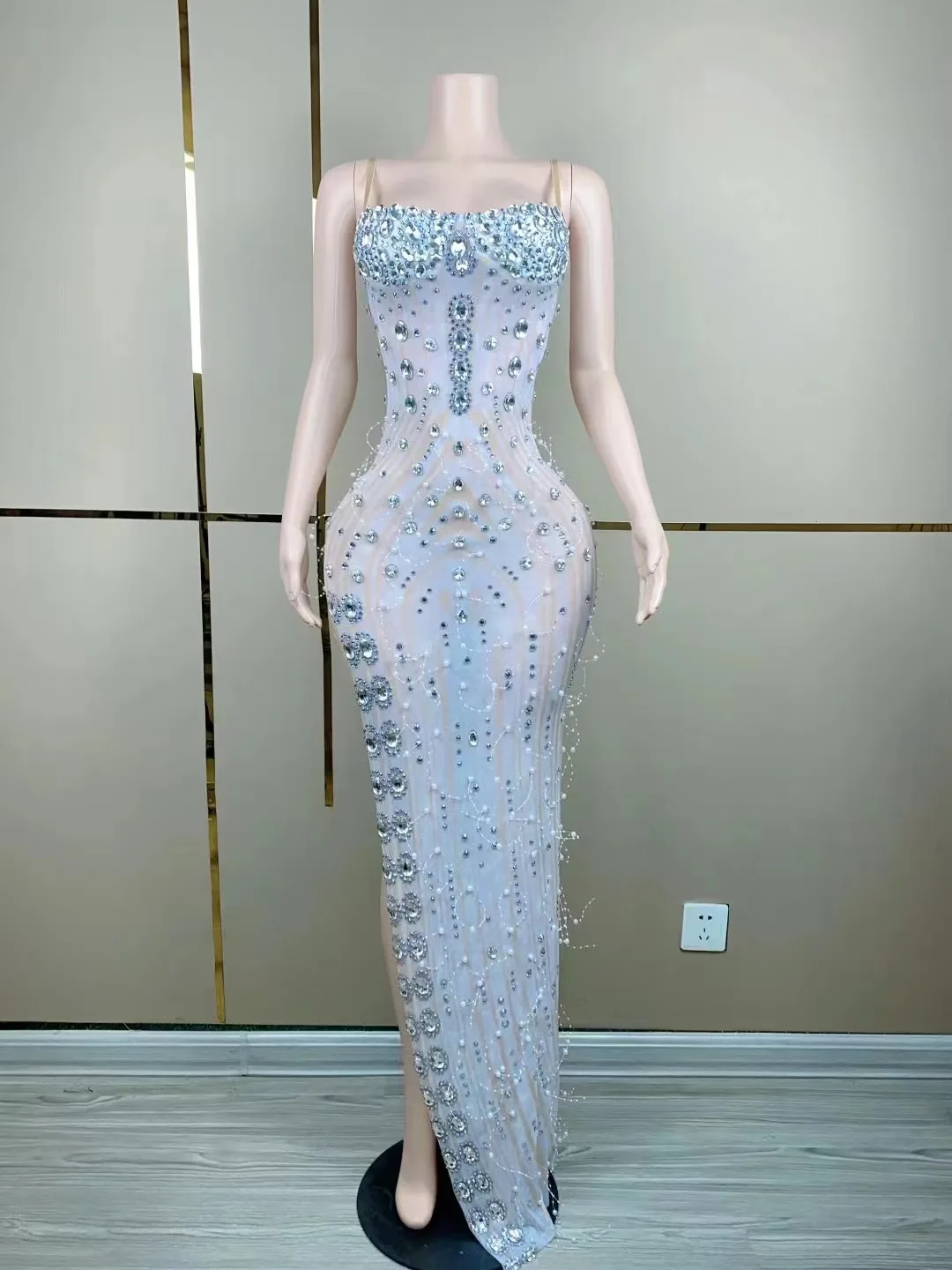 Sparkling Rhinestone High Side SlitWomen Dress Pearl Fringe Sleeveless  Halter Wear Wedding Party Singing Performance Costume - AliExpress