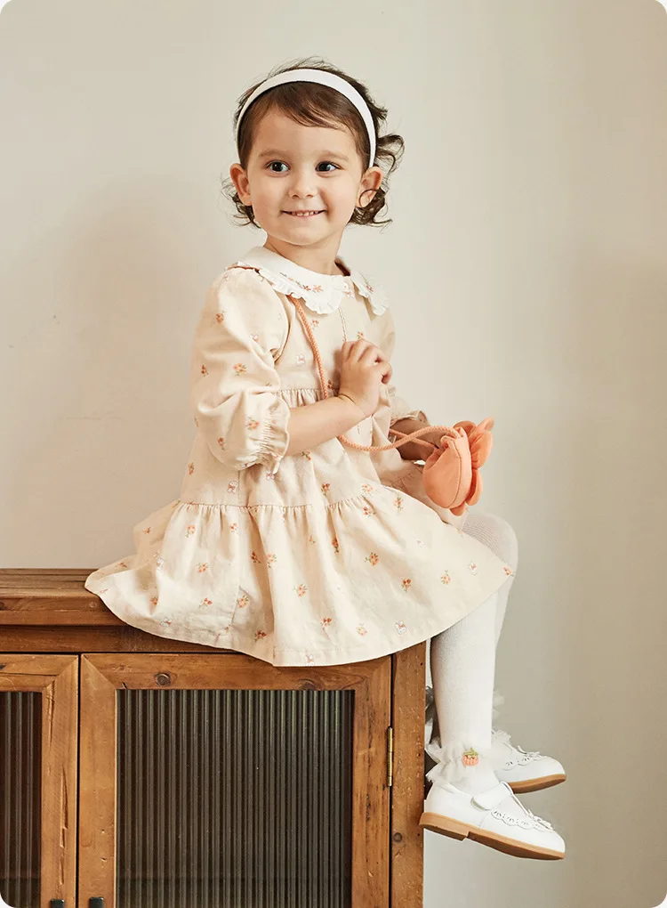 Korean New Toddler Girls Dress Cotton Peter Pen Collar Embroidery Kids Girls Dress Single Breasted Printed Babys
