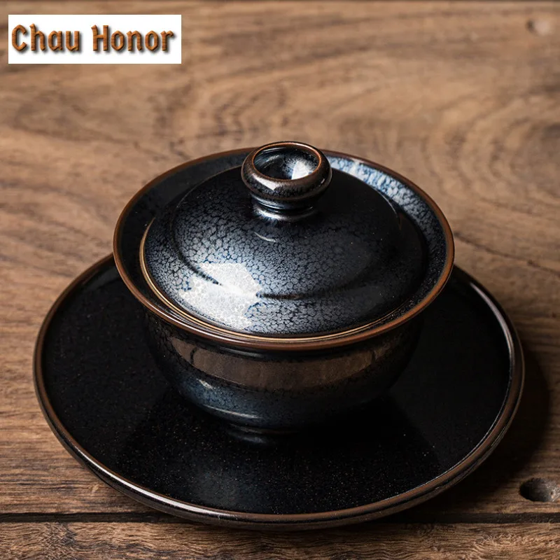 150ml High-end Tianmu Glazed Fire Dragon Iron Tire Ceramics Sancai Gaiwan Handmade Household Puer Kung Fu Tea Set Gift Packaging