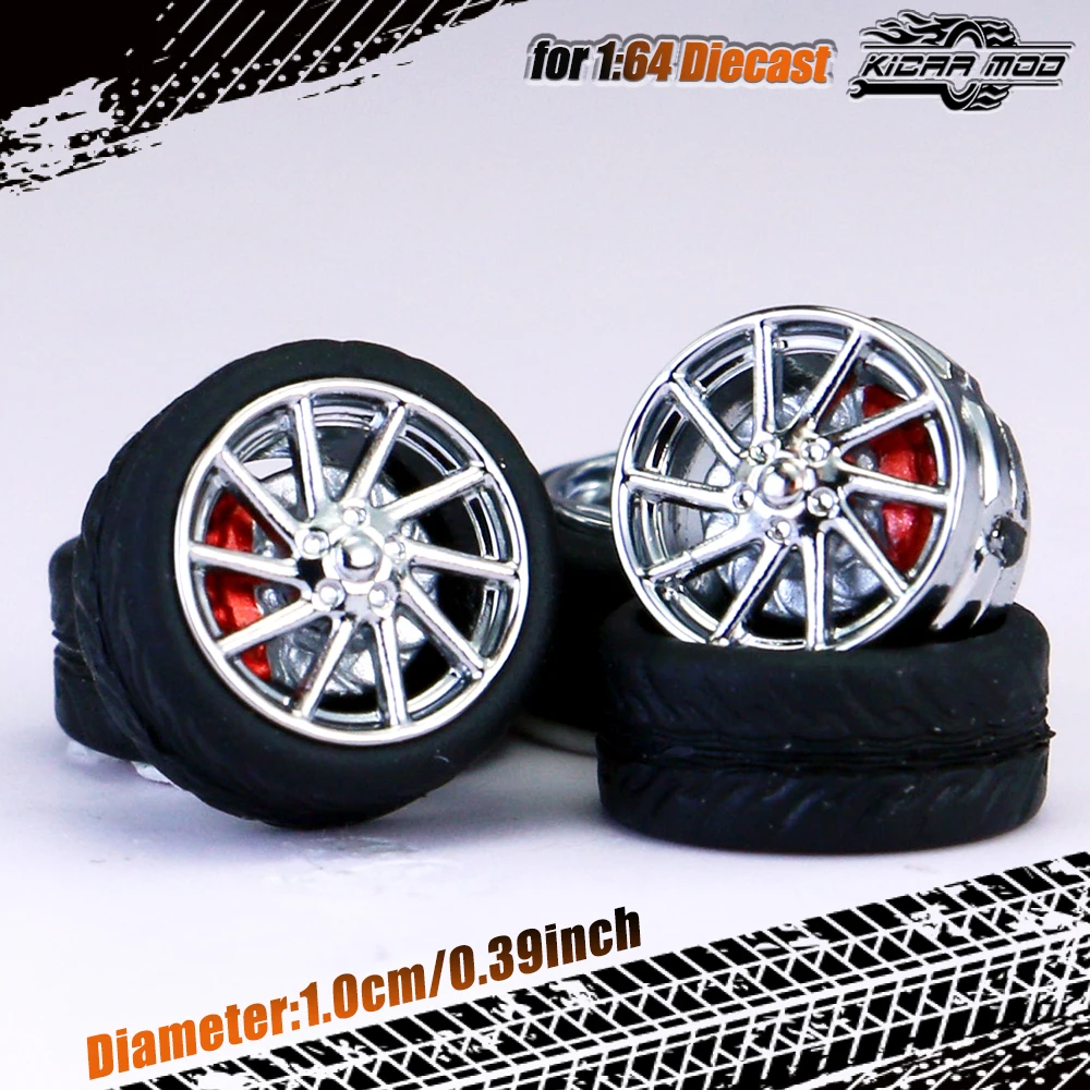 Kicarmod 1/64 Model Car ABS Wheels with Rubber Tire Brake Disc Refitting Parts Diameter 10mm For Model Car Tomica MINI GT