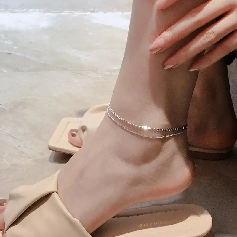 925 Sterling Silver Double Layer Round Anklet Bracelet Female Simple Temperament Sexy Chain Jewelry