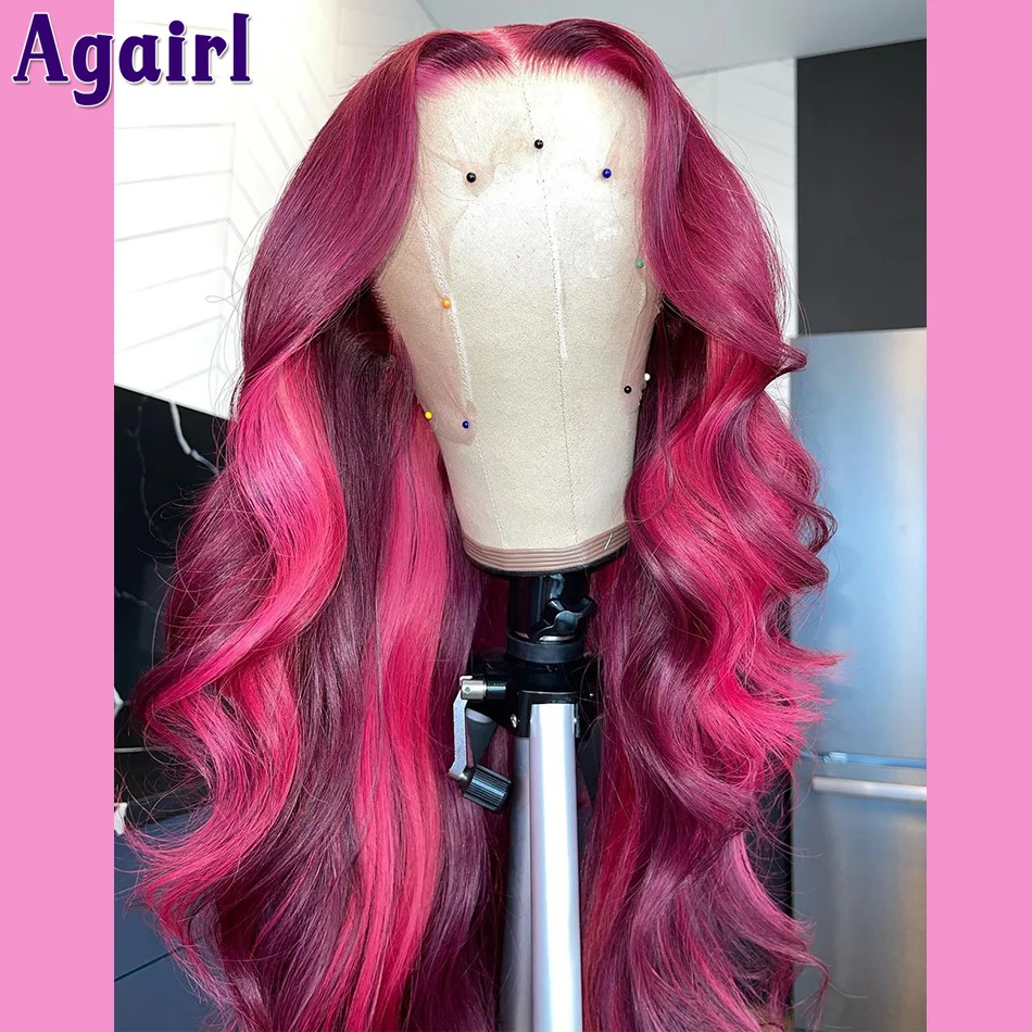 13x6 Body Wave Wig Highlight Rose Pink With Purple Colored Lace Frontal Human Hair Wigs Transparent 5X5 Lace Closure Wig Agairl