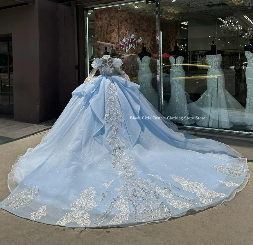 Light Sky Blue Quinceanera Dresses Cathedral Train Tulle Long Sleeve Crystal Applique Ruffle Princess Poncho Custom