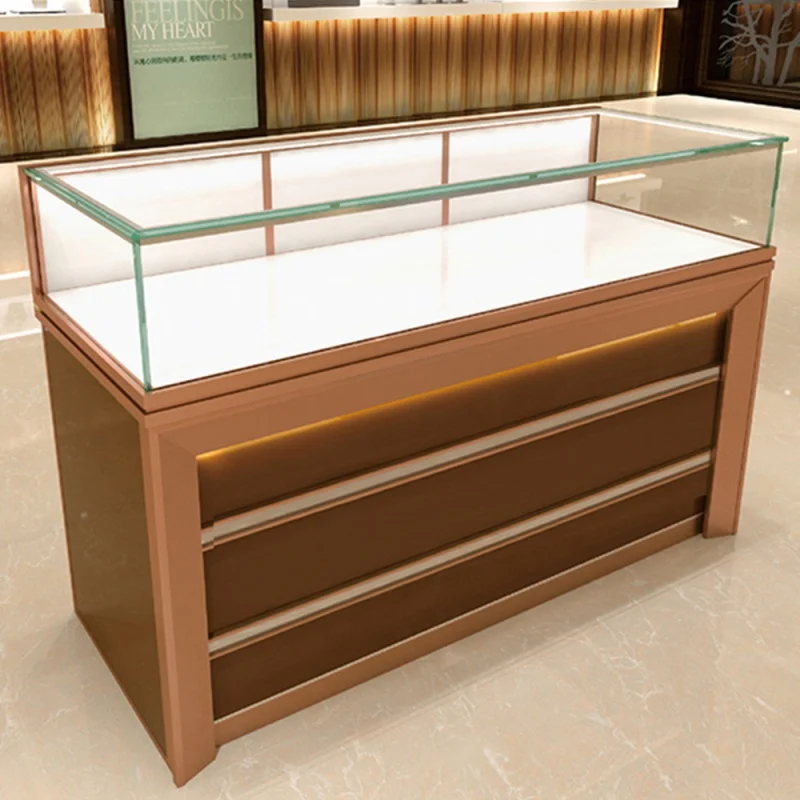 Custom marble gold metal led light jewellery showcase jewelry shop glass display cabinet from SUNDO Factory