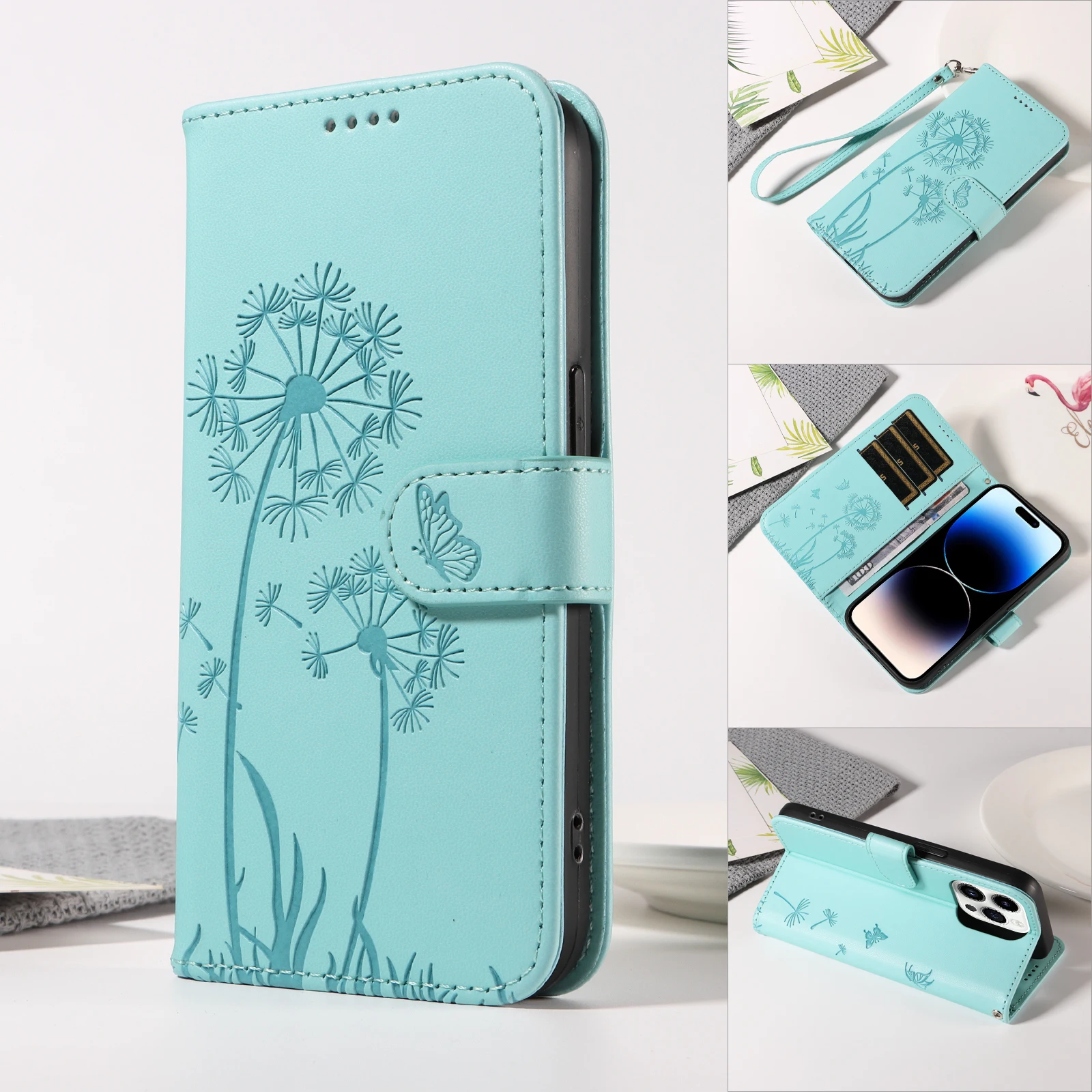 Magnetic Wallet Flip Leather Case with Cat and Butterfly Embossed Design