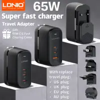 LDNIO GaN 65W USB C Charger Travel Charger PD QC Wall Charger 3 Port International Plug Adapter EU UK US AU Travel Plug Adapter