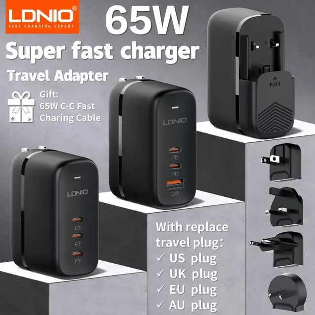 LDNIO GaN 65W USB C Charger Travel Charger PD QC Wall Charger 3 Port International Plug Adapter EU UK US AU Travel Plug Adapter