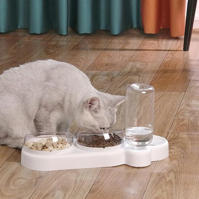 Anti-Tip Double Cat Bowl with Drinking Fountain - Large Diameter, Durable PP+PC Material