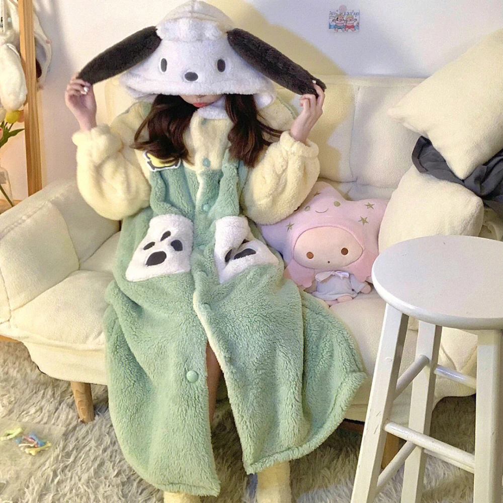 Winter Nightdress Warm Nightgown Coral Fleece Women Animal Dog Cosplay Pajamas Sleepdress Flannel Long-sleeve Home Wear Nighties