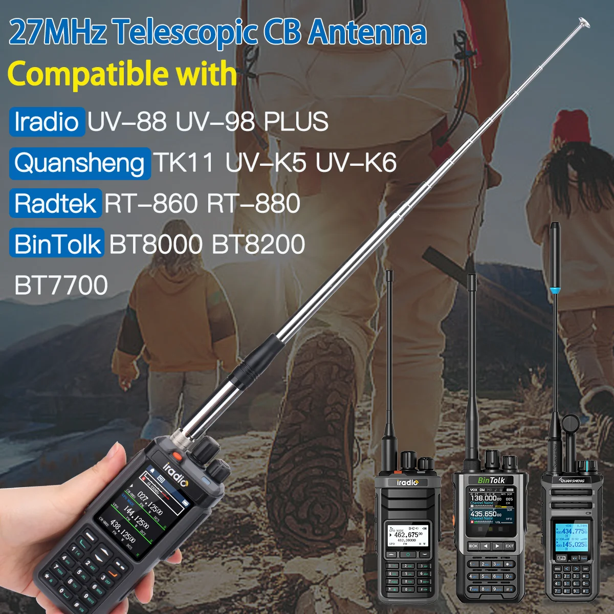 Antenne CB télescopique portative SMA femelle 27MHz, pour BJ-9000 Iradio UV-98 PLUS BinTolk BT8200 Quansheng TK11 Radtel RT-950PRO
