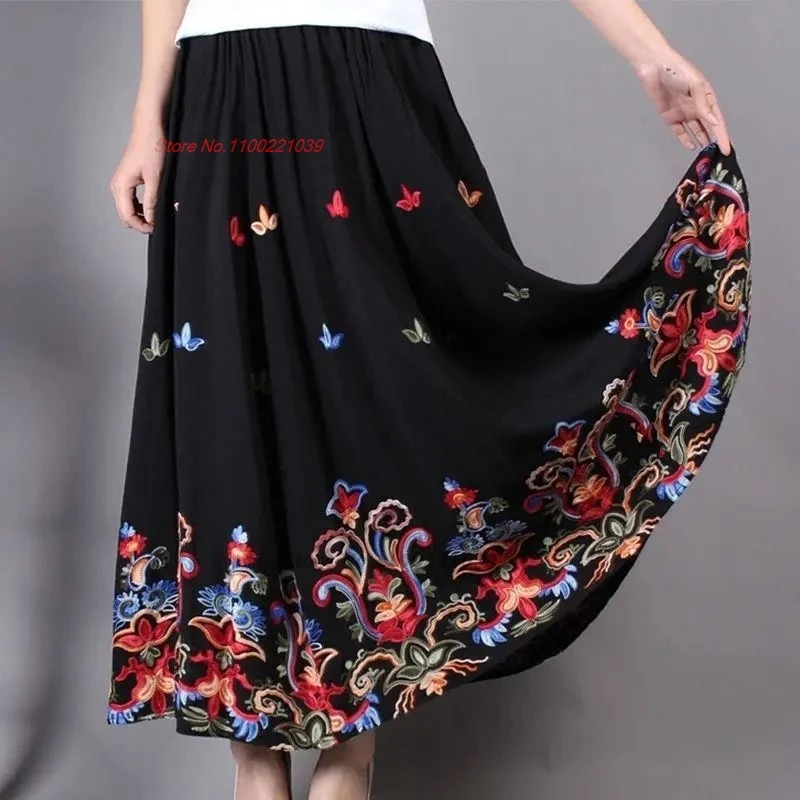 chinese vintage skirt national flower embroidery ethnic skirt retro elastic waist a-line traditional folk dance