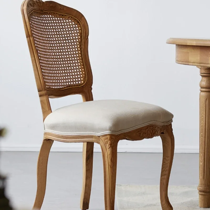 

Dining chairs, Nordic vintage solid wood carving, rattan faced restaurant, study room, upholstered armrests, genuine leather oak