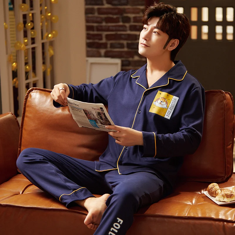 Pajamas Men's Knitted Cotton Long Sleeved Lapel Cardigan Plus Size Student Leisure Home Clothes Two-piece Set Can Be Worn Out