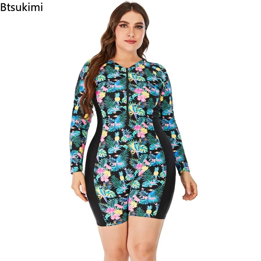 New 2024 Big Size Swimwear Women One Piece Flower Print Long Sleeve Diving Surfing Suits for Ladies Oversized Swimsuit Beachwear