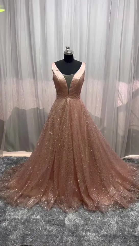 chinese dress ladies A-line Unique Sparkly Sequin Rose Gold Popular Modest Long Party Eveni –  bridalsew main image 1