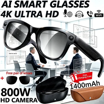 Occhiali Smart AI 2026 4K con Traduttore, Registrazione Foto e Video EIS, Riproduzione Musicale e Custodia di Ricarica da 1400 mAh - Occhiali Intelligenti Uomo Donna
