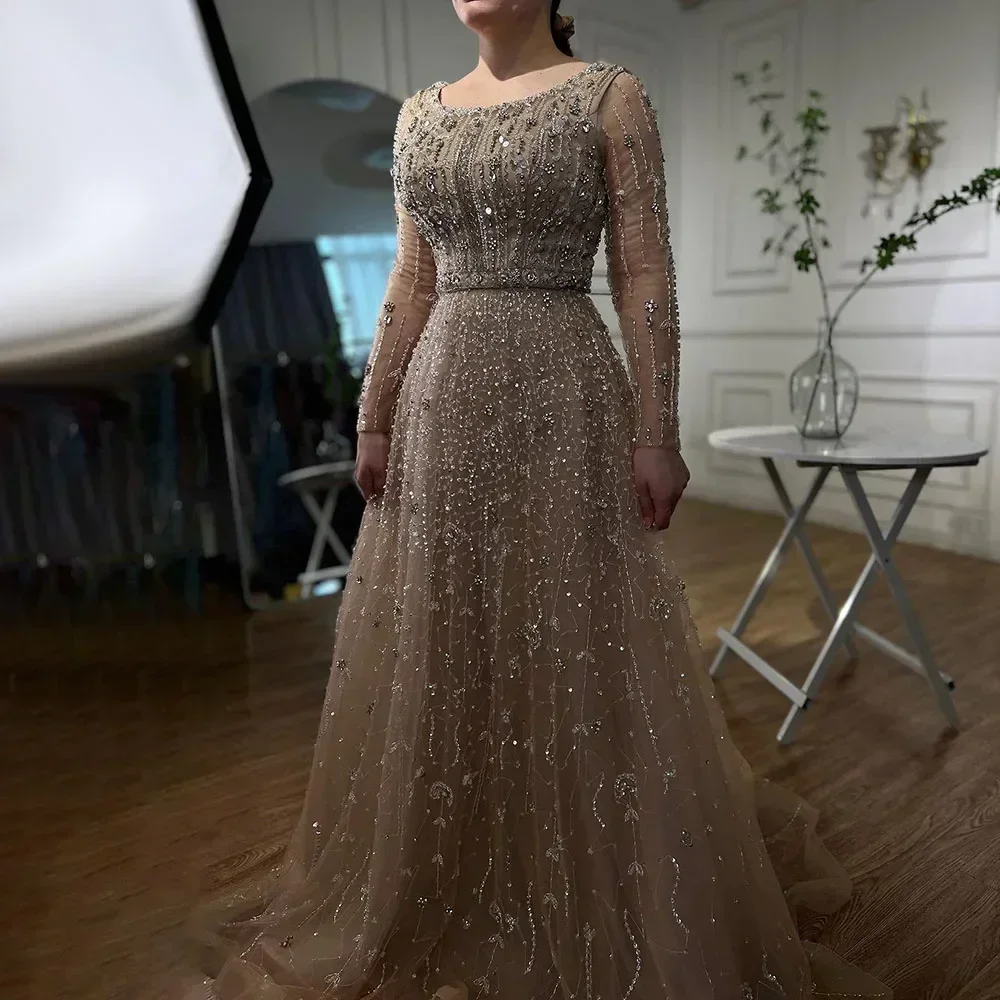 Wasisi Dubai Arabic Nude Designer Luxury Beaded Evening Dresses Customized 2025 Long Sleeves Gowns Wedding Party ELA72088 4