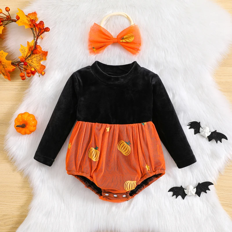 

Baby Girls 2Pcs Halloween Outfits Long Sleeve Pumpkin Mesh Patchwork Romper with Headband Set Newborn Clothes