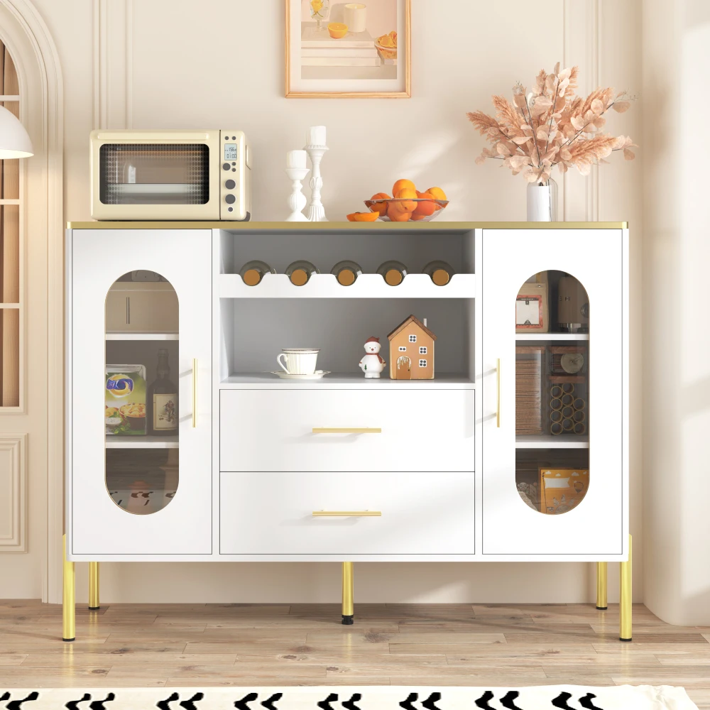PINGGO Modernes Sideboard mit Glasfronten, Weinregal, Verstellbaren Füßen und Stauraum für Esszimmer und Wohnzimmer – Detail 6