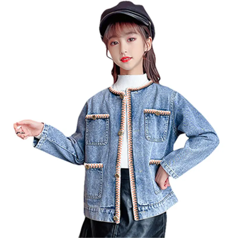 

Denim Jacket for Teenage Girls Spring Autumn Baby Casual Clothes Children Collar Design Solid Jacket with Pockets Coat Top 4-13Y