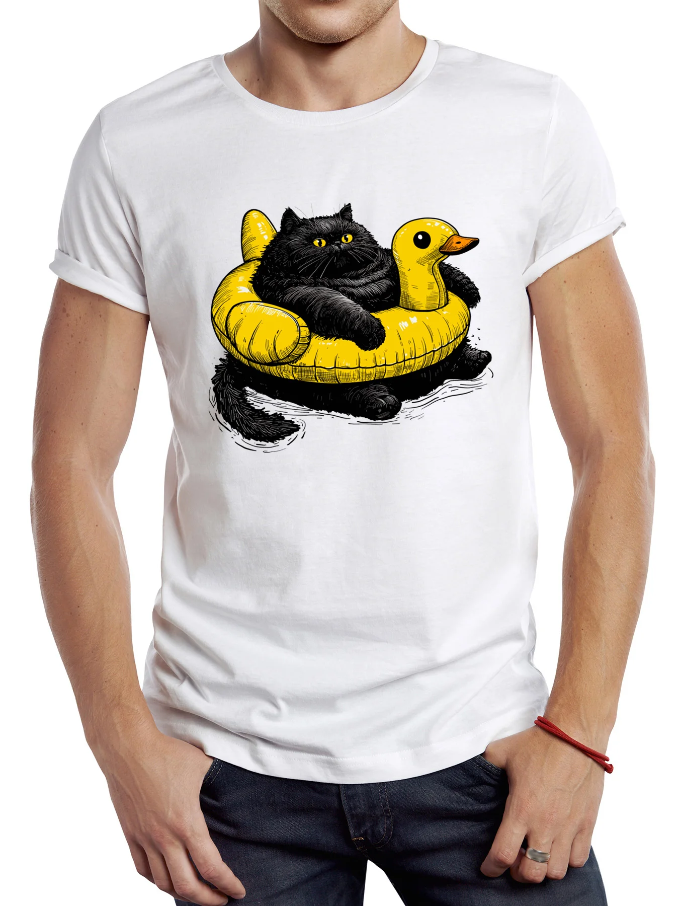 TEEHUB Lustige schwarze Katze im Dunkeln geformte Rettungsring gedruckt T-Shirt Grafik lässig Hipster Mann T-Shirt Hip Hop lose Frauen T-Shirts