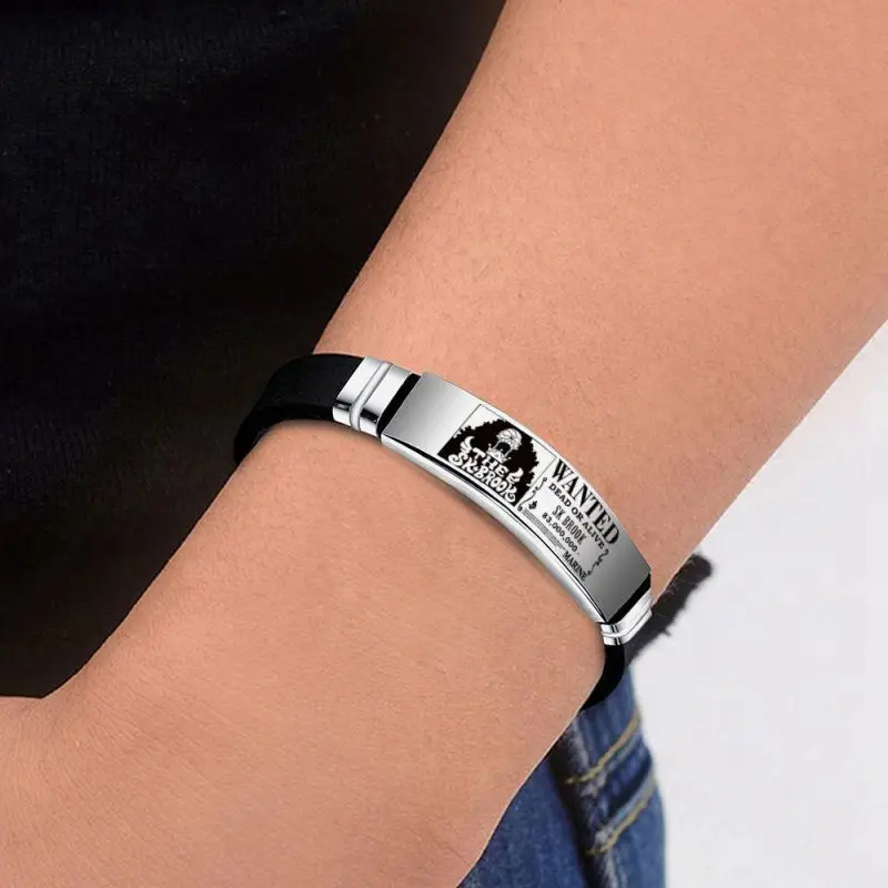Anime One Piece Personalized Straw Hat Monkey&middot;D&middot;Luffy Bracelet Wanted Stainless Steel Silicone Bracelet Party Accessories