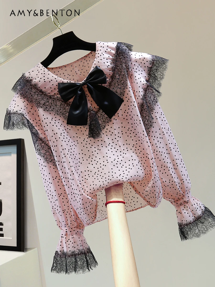 

2024 Spring Summer New Korean Style Lace V-neck Patchwork Long Sleeve Chiffon Blouse Women Bow Polka Dot Print Straight Shirt