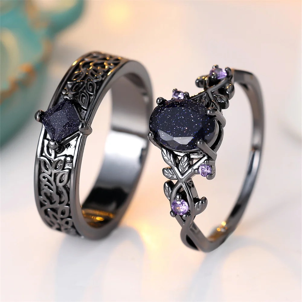 Purple Zircon Royal Blue Crystal Oval Stone Ring Sets For Women Black Metal Engagement Bands Wedding Jewelry Set Versatile Gifts
