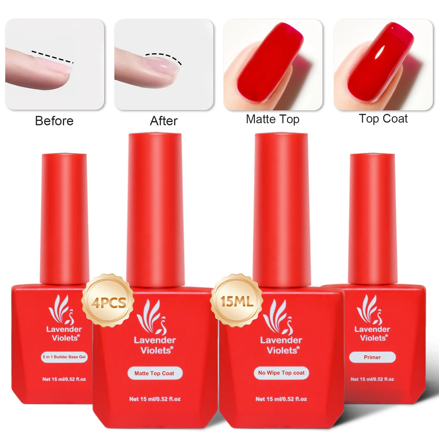 4pcs 15ml Nail Primer 5 in 1 Builder Base Gel Glossy Top Coat Matte Top Coat For Beginner Use Home Salon Nail Art Design nail art set nail treatment nail top coat
