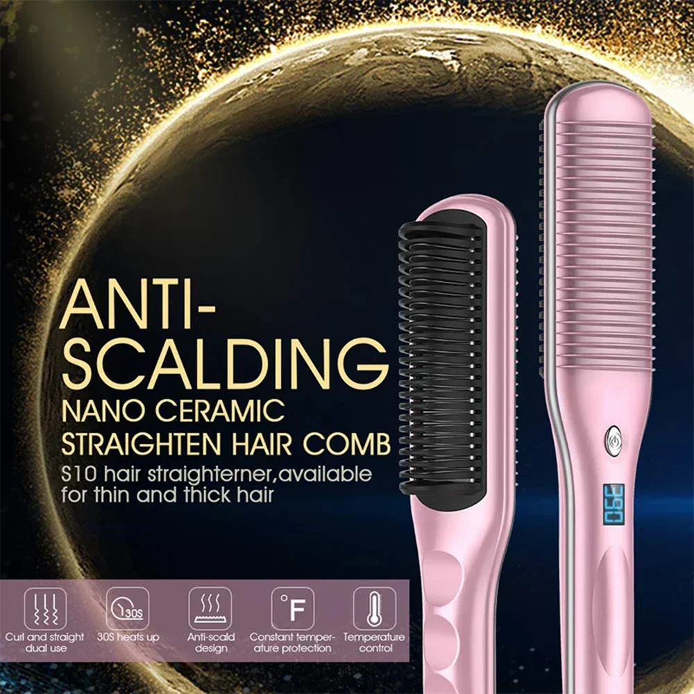 2 in 1 Electric Hair Straightener Brush 30S Fast Heat Up Anti-scald Straight &Curler Dual-use Straightening Negative Iron 3