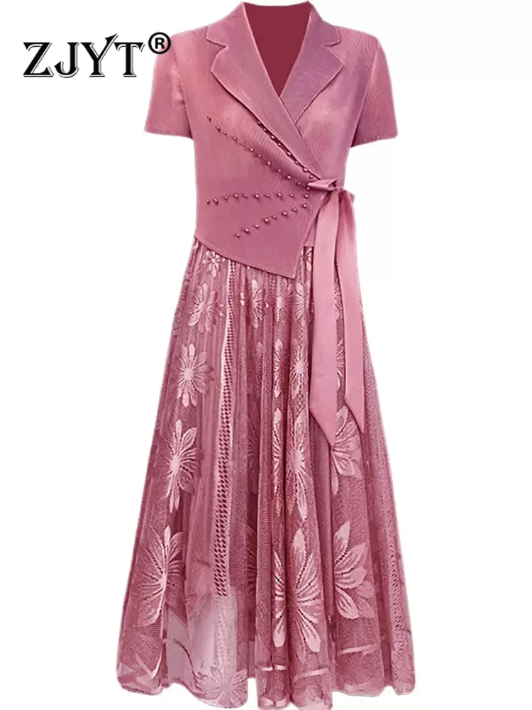 

ZJYT Summer Beading Embroidery Mesh Dress Black Women Elegant Lace Up Short Sleeve Midi Party Vestido De Fiesta Pink Casual Robe