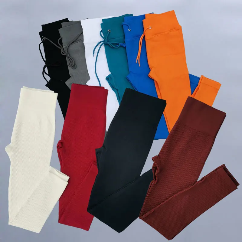 Women Yoga Pants High Waisted Sport Gym Fitness Leggings Ribbed Workout Pants Tummy Control Running Training Tights Active Wear