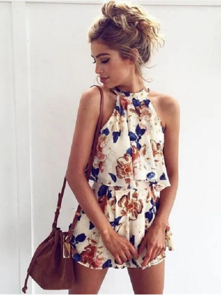 Fashion Flower Print Chiffon Short Two Piece Set Women Sexy Off Shoulder Leace-up Cropped Top High Waist Shorts 2 Piece Sets New