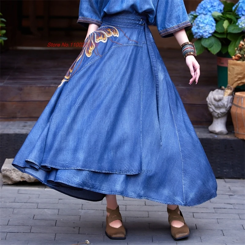 traditional chinese vintage skirt national flower embroidered denim skirt oriental traditional folk a-line streetwear