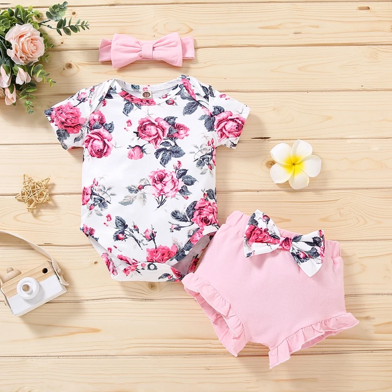 hibobi Baby Girl Bodysuit Short Sleeve Flower Print Jumpsuits Clothes Set For Newborns Outfit Ruffle Headband Shorts 3 Pcs baby clothing set long sleeve	